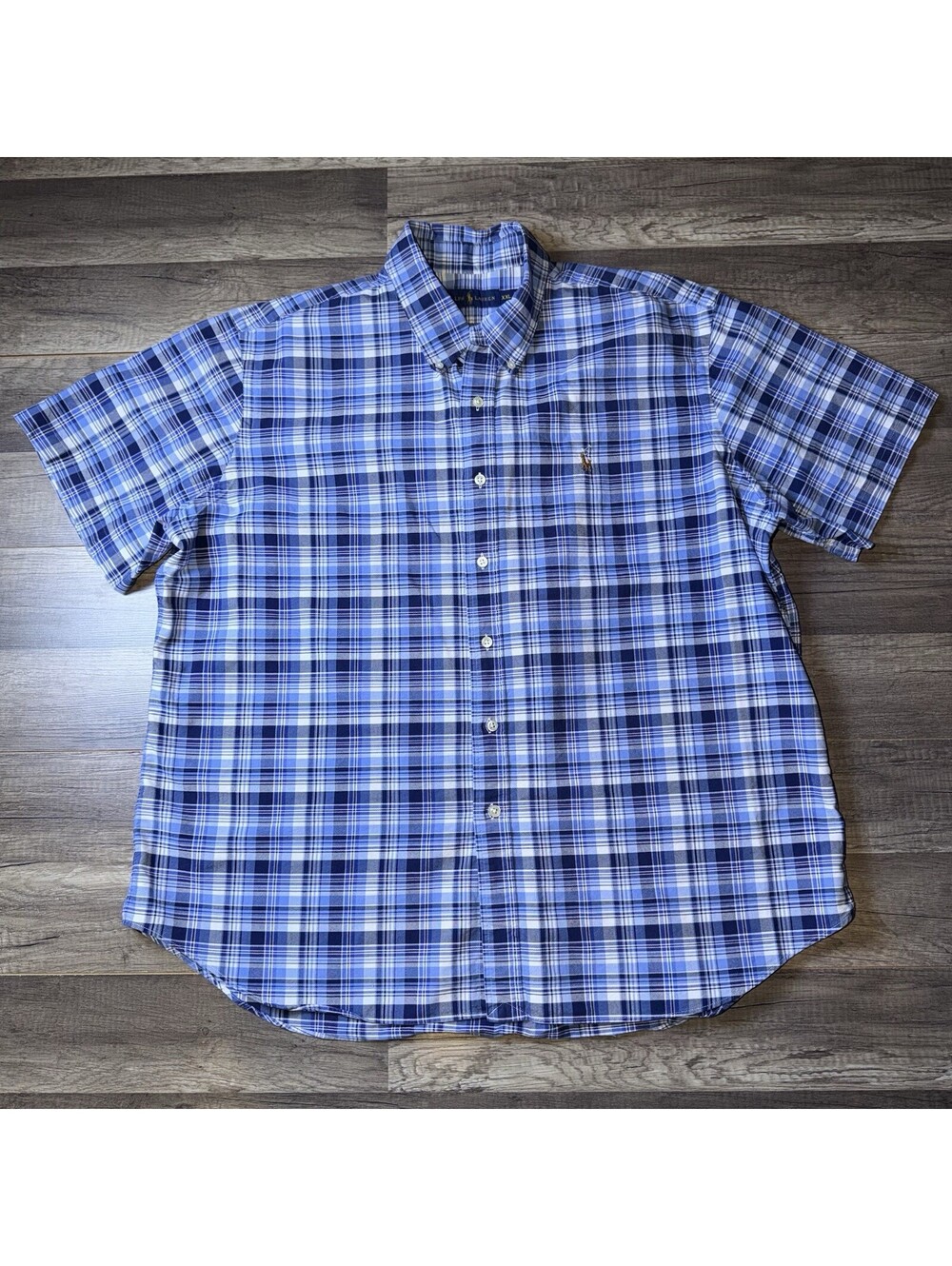 Ralph Lauren Men XXL Blue Plaid Short Sleeve Button Down Shirt Cotton Preppy